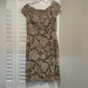 Tadashi Shoji Beige Taupe Floral Lace Midi Dress with gold highlights, cocktail